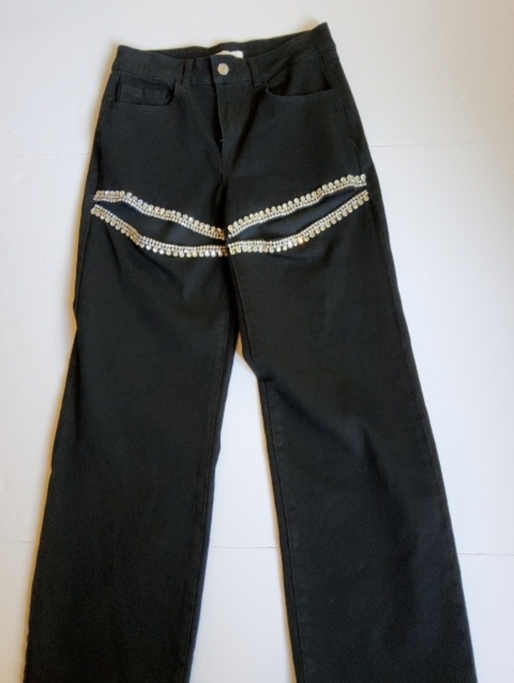 Gianni Bini Black Wide-Leg Jeans with Rhinestone Trim